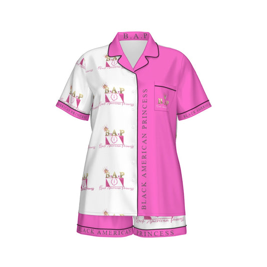 All-Over Print Women's Imitation Silk Pajama Set With Short Sleeve